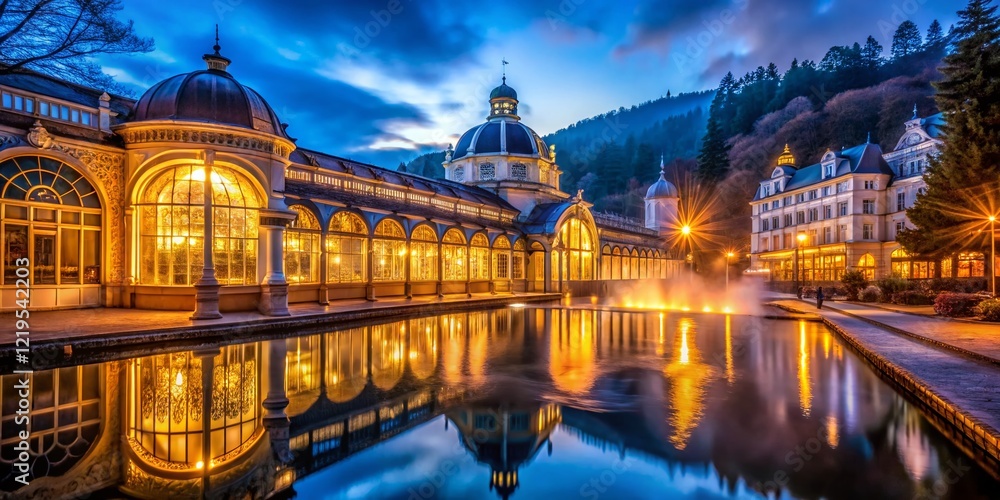 Obraz premium Surreal Night Spa Architecture in Marienbad, Czech Republic: Ethereal Glow