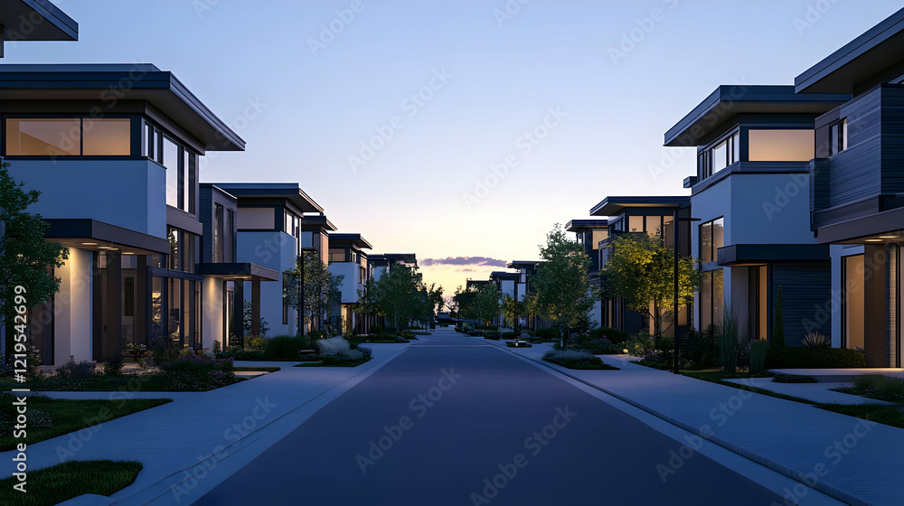 Modern Townhouses at Dusk: Luxurious Suburban Living Modern Townhouses at Dusk: Luxurious Suburban Living