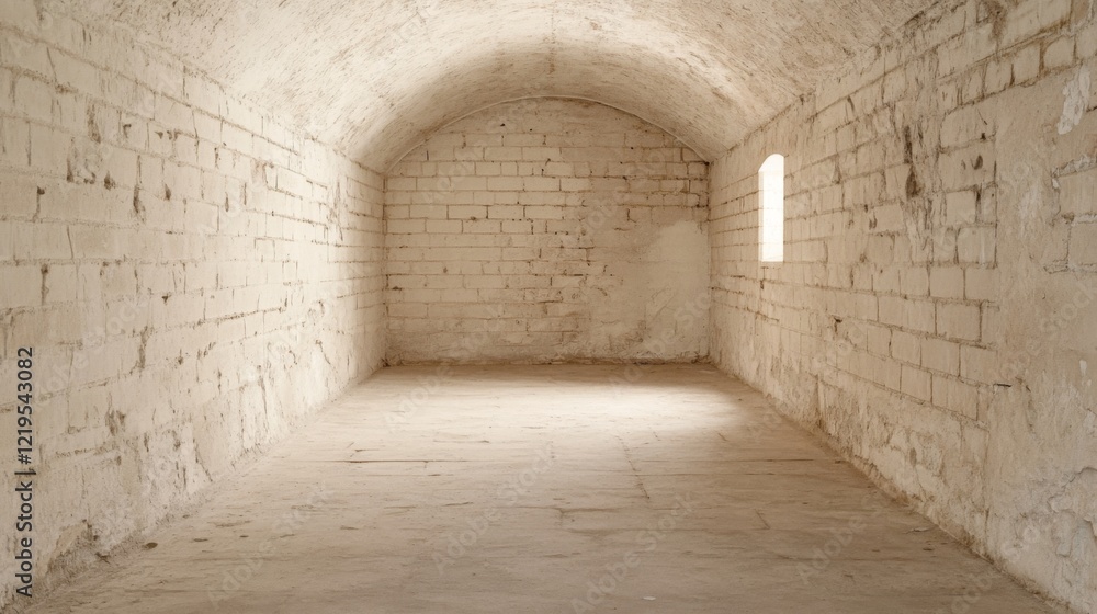 Fototapeta premium Empty, arched, whitewashed brick room with small window.