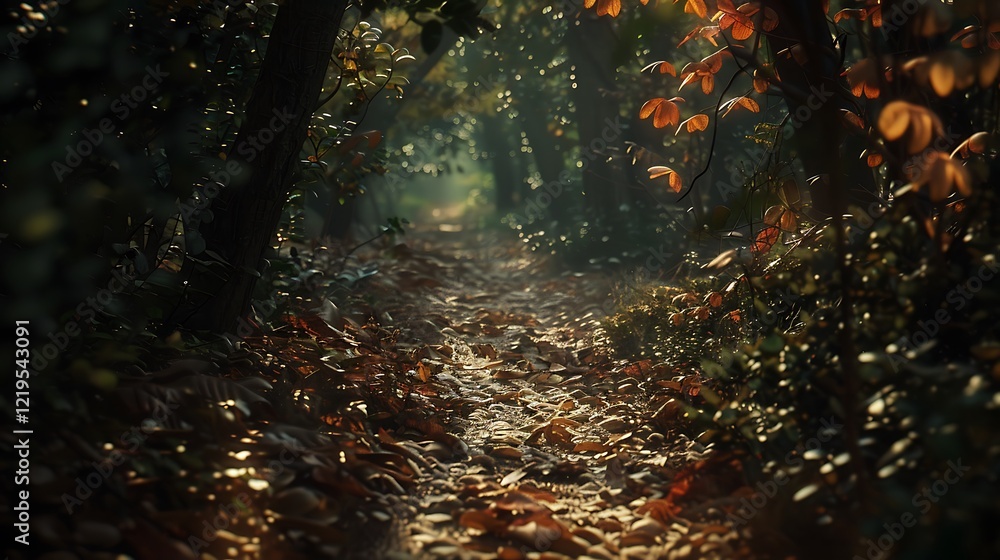 Leaf-covered trail winding through an autumn forest, 35mm, f22, cinematic, wide angle lens Leaf-covered trail winding through an autumn forest, 35mm, f22, cinematic, wide angle lens