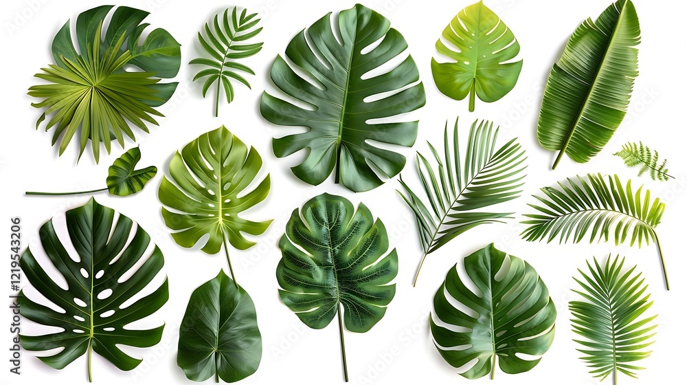 Set of monstera leaves isolated on white background. Flat lay, top view. Set of monstera leaves isolated on white background. Flat lay, top view.