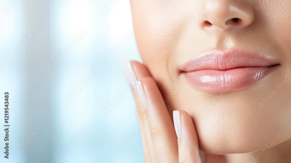 Close-up portrait of woman's lips and chin with soft natural makeup for skincare and beauty concepts Close-up portrait of woman's lips and chin with soft natural makeup for skincare and beauty concepts