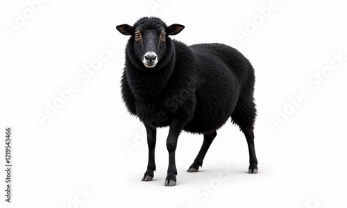 A highly realistic black-furred sheep standing on a pure white background, staring directly at the camera photo