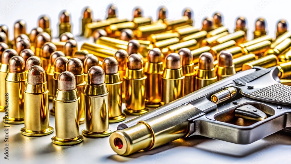 Naklejka premium Surreal Photo: Ready-to-Use Short Guns & Ammo on White