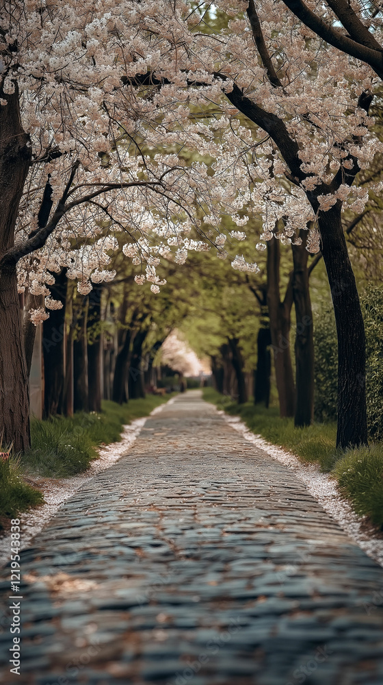 Cherry blossom trees line a cobblestone path in a serene park during spring. Generative AI Cherry blossom trees line a cobblestone path in a serene park during spring. Generative AI
