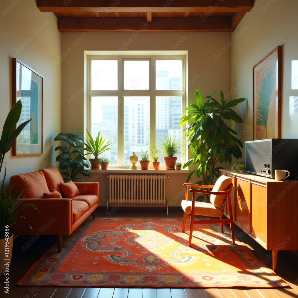 Fototapeta premium A bright and airy living room with warm orange accents, plants, and a cityscape view