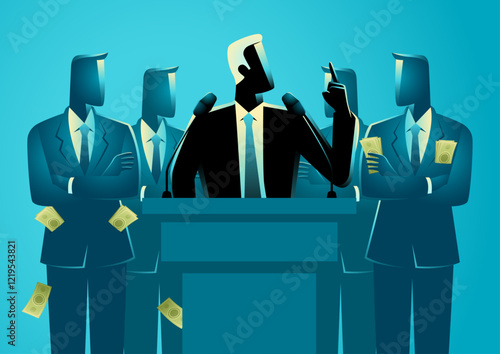 Politician speaking at a podium, flanked by individuals with pockets overflowing with money, symbolizing oligarchy, financial influence in politics, corruption, money control, and power dynamics