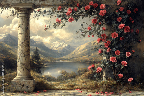 Romantic Roses Frame Mountain Lake View