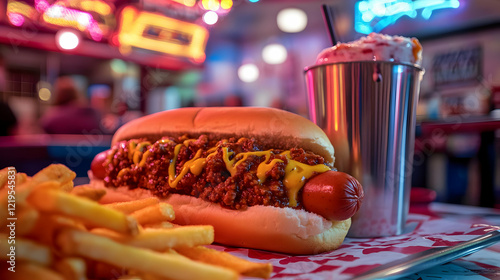 Chili Cheese Hot Dog with Fries and Shake: A Classic American Diner Meal