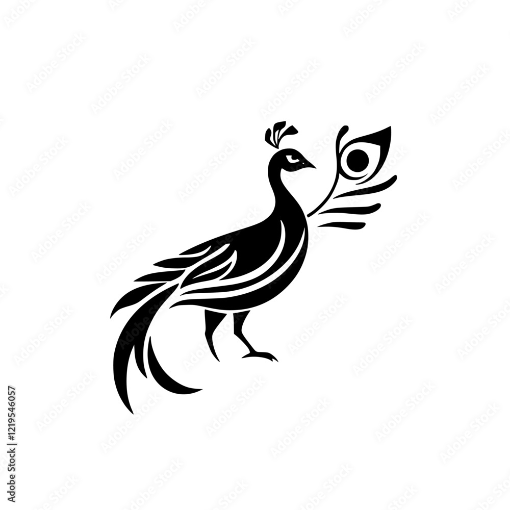 Fototapeta premium Elegant Peacock: Black and White Bird Illustration. Perfect for nature lovers, home decor, and design projects. A stunning symbol of beauty and exotic wildlife.