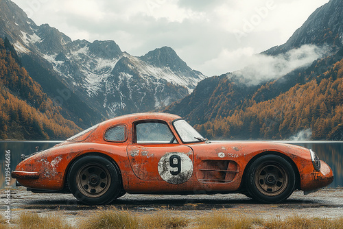 Rusted Vintage Race Car Against Mountainous Landscape