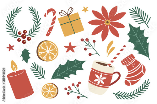 Christmas icons, festive illustrations, hand-drawn style, wreath, poinsettia, candy cane, gift boxes, holly leaves, red stocking, golden star, evergreen branches, berries, orange slices, candle