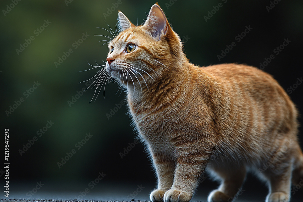 Naklejka premium A ginger cat stands alertly outdoors at night