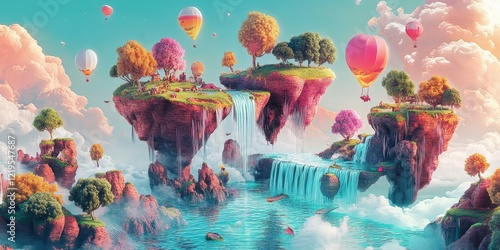 Floating Islands Waterfall Paradise Dreamlike Scene photo