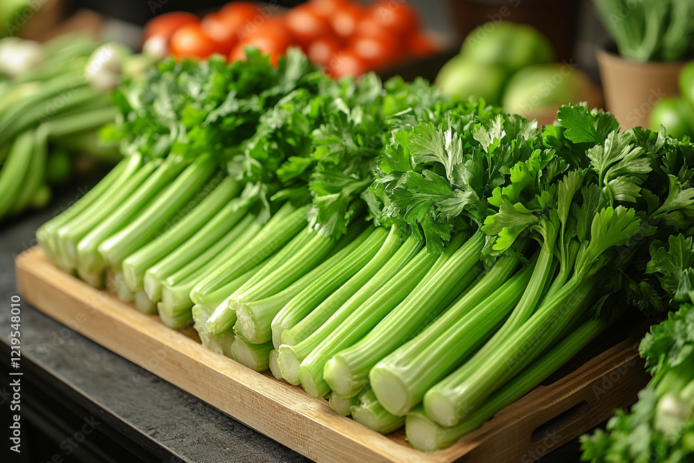 Obraz premium Fresh Green Celery Stalks on Wooden Tray