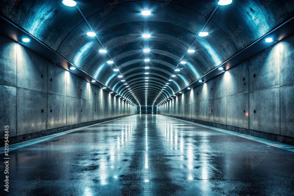Fototapeta premium Surreal Underground Tunnel: Dark Concrete Corridor with Glowing White Lights - 3D Render