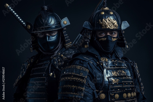 Two men in black armor stand next to each other. They are both wearing black masks and have swords in their hands. The image has a dark and mysterious mood photo