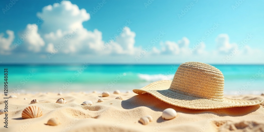 Obraz premium Straw hat on sandy beach with ocean and blue sky.