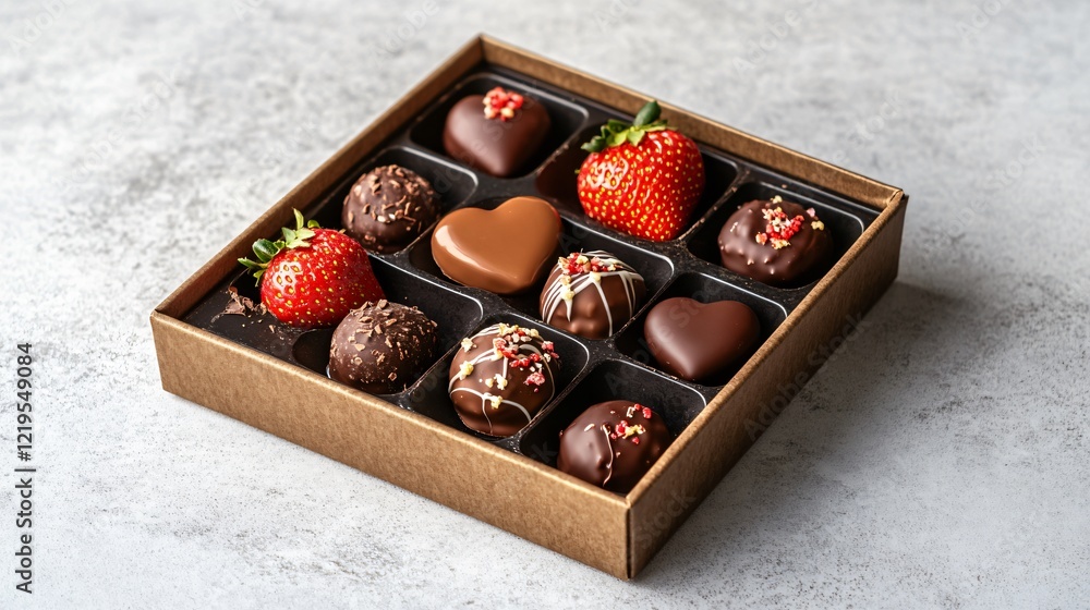 Chic vegan chocolate truffle box with heart-shaped chocolates, styled with fresh strawberries, isolated on light gray Chic vegan chocolate truffle box with heart-shaped chocolates, styled with fresh strawberries, isolated on light gray