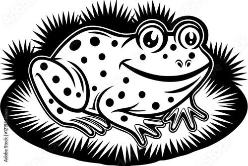 Cartoon Frog on Lily Pad: Black and White Illustration