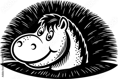 Cartoon Horse Head:  Simple Black and White Illustration