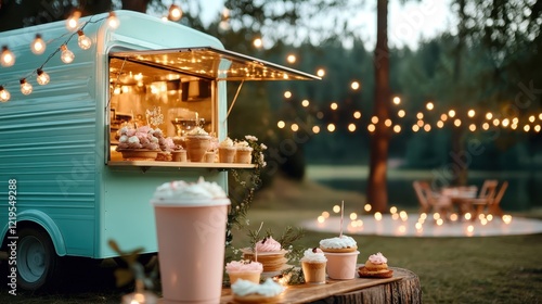A delightful bakery truck featuring an array of delectable cupcakes and desserts, set in a cozy outdoor area with beautiful lights for a magical ambiance.