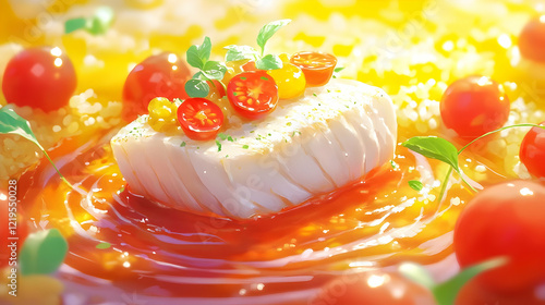 A delectable fish dish bathed in a vibrant orange sauce garnished with cherry tomatoes and herbs