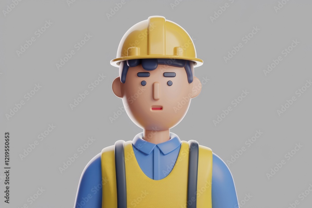 A 3D rendering of a cartoon construction worker, wearing a yellow hardhat and safety vest. A 3D rendering of a cartoon construction worker, wearing a yellow hardhat and safety vest.