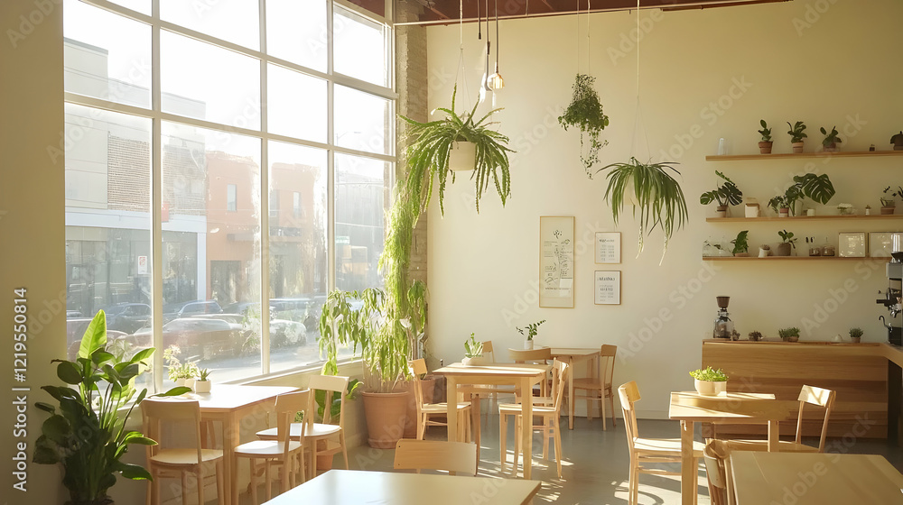 Fototapeta premium Sunlight-Filled Minimalist Cafe with City Views and Lush Greenery