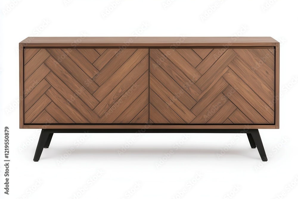 Retro mid-century wood furniture . Stylish wooden sideboard with herringbone pattern and black legs. Retro mid-century wood furniture . Stylish wooden sideboard with herringbone pattern and black legs.