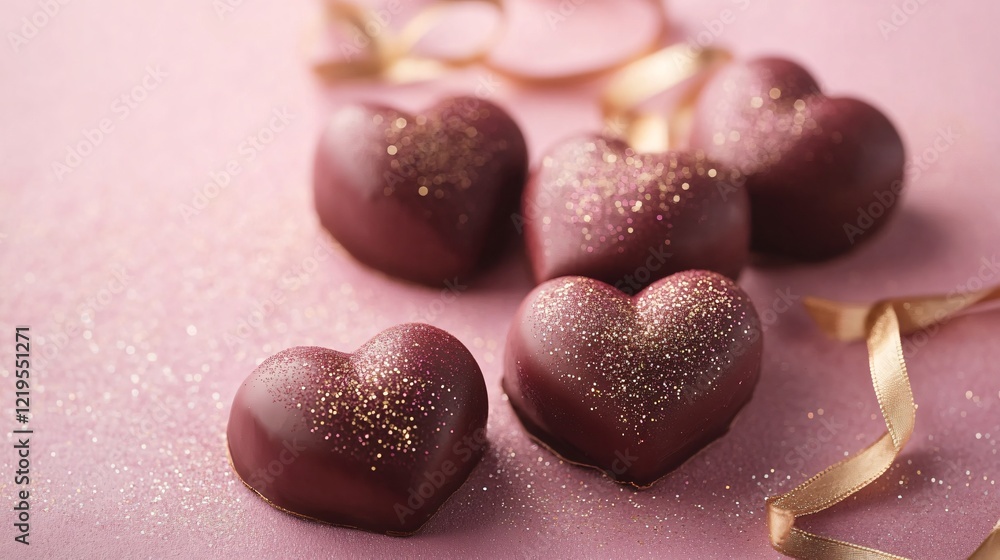 Obraz premium Heart-themed vegan truffle gift box adorned with glitter and gold ribbons, isolated on a textured pink background
