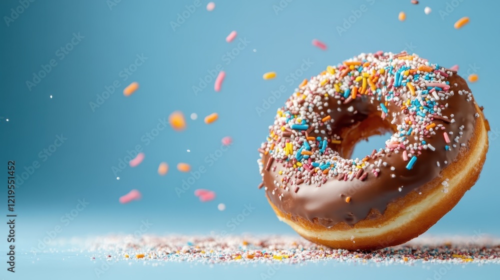 Delicious chocolate donut covered in colorful sprinkles on a vibrant blue background, showcasing the delightful blend of colors and textures that dessert offers. Delicious chocolate donut covered in colorful sprinkles on a vibrant blue background, showcasing the delightful blend of colors and textures that dessert offers.