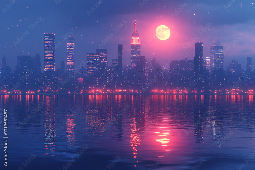 Fototapeta premium Cityscape at Night with a Large Full Moon