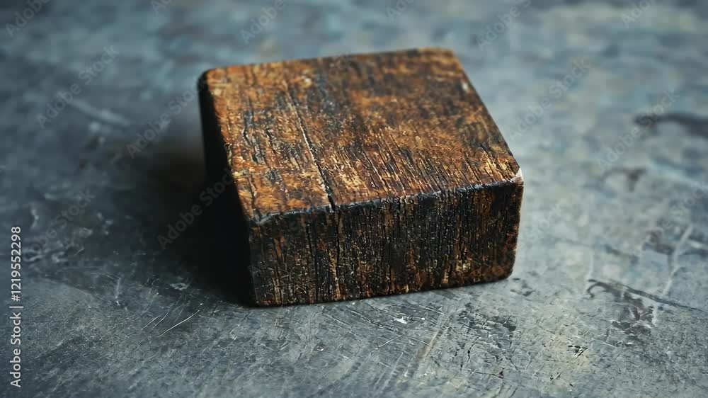 Natural wooden block rests on textured surface highlighting grain and color variations in rustic setting Natural wooden block rests on textured surface highlighting grain and color variations in rustic setting