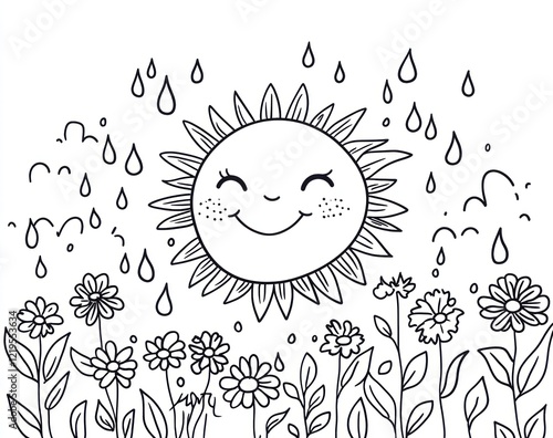 Happy sun showering flowers; spring rain; garden illustration; kids coloring page photo