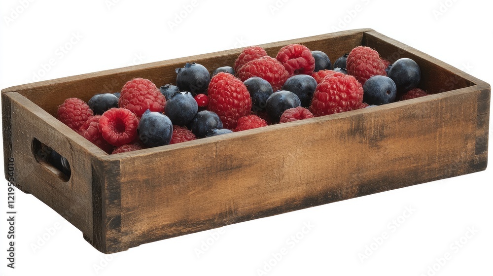 A rustic wooden box featuring a mix of fresh berries, including blueberries and raspberries. A rustic wooden box featuring a mix of fresh berries, including blueberries and raspberries.