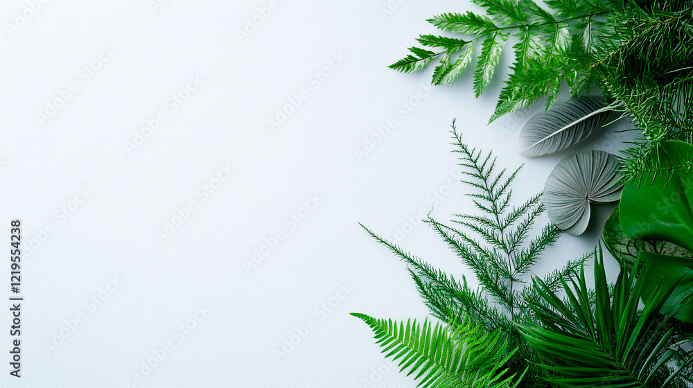 Naklejka premium White background with green leaves and a green leafy plant. Minimalistic background.