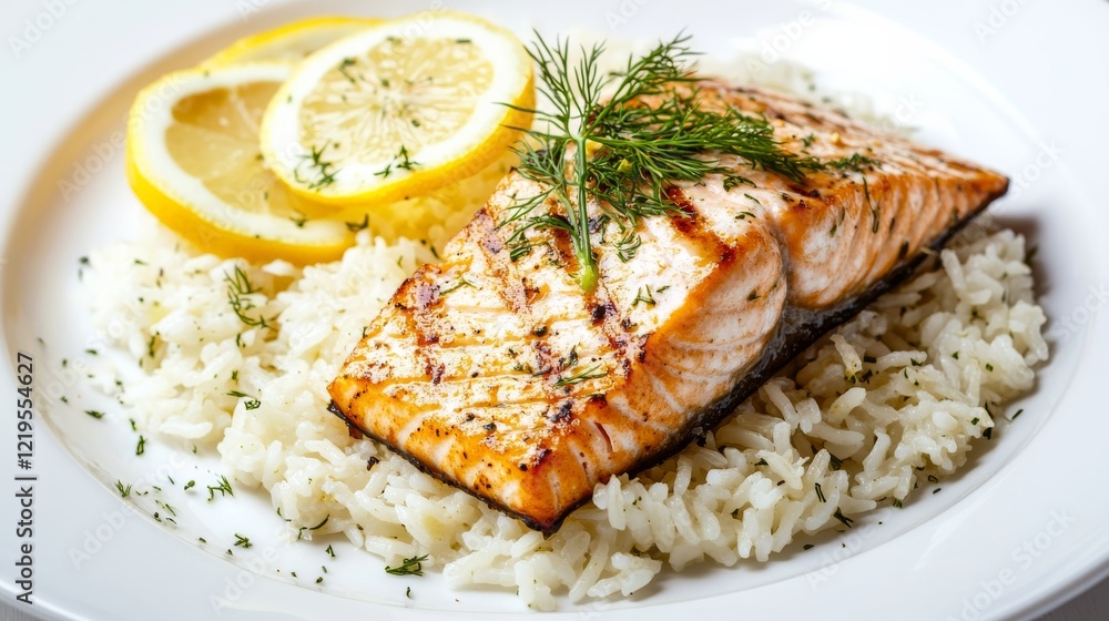 Image of rice and grilled salmon fillet with lemon and dill on a white plate, emphasizing fresh and healthy aspects. Ideal for seafood lovers and light meals. Image of rice and grilled salmon fillet with lemon and dill on a white plate, emphasizing fresh and healthy aspects. Ideal for seafood lovers and light meals.