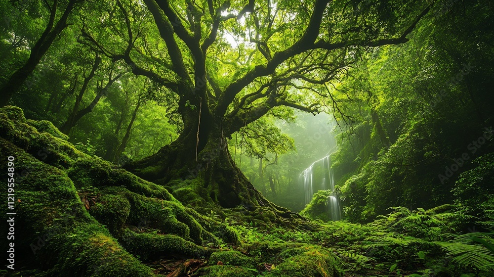 Fototapeta premium Enchanted Forest Waterfall: A Mystical Green Oasis