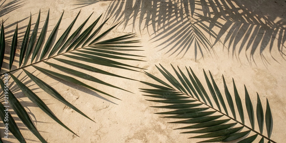 Obraz premium Textured Beige Background with Palm Leaf Shadows - Abstract Nature Stock Photo