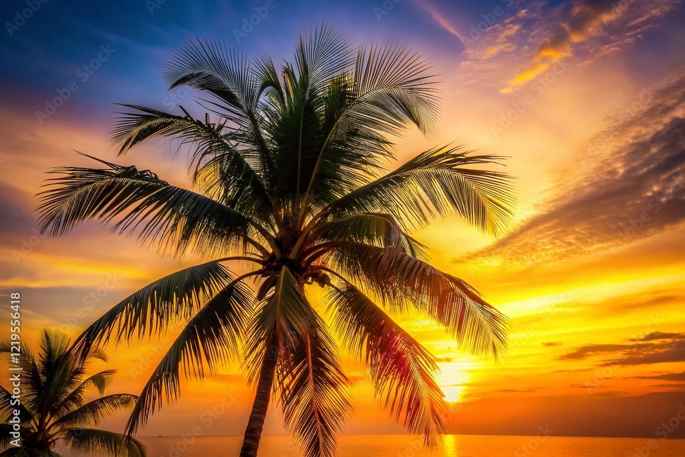 Obraz premium Thailand Evening Silhouette Palm Tree - Tropical Sunset Copy Space Stock Photo