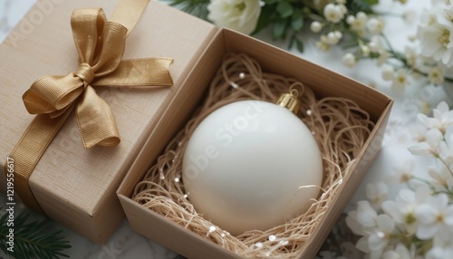 Elegant Cream Christmas Ornament in Gift Box with Gold Bow photo