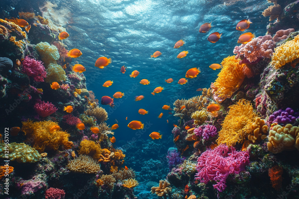 Fototapeta premium Vibrant Coral Reef Scene With Orange Fish Swimming