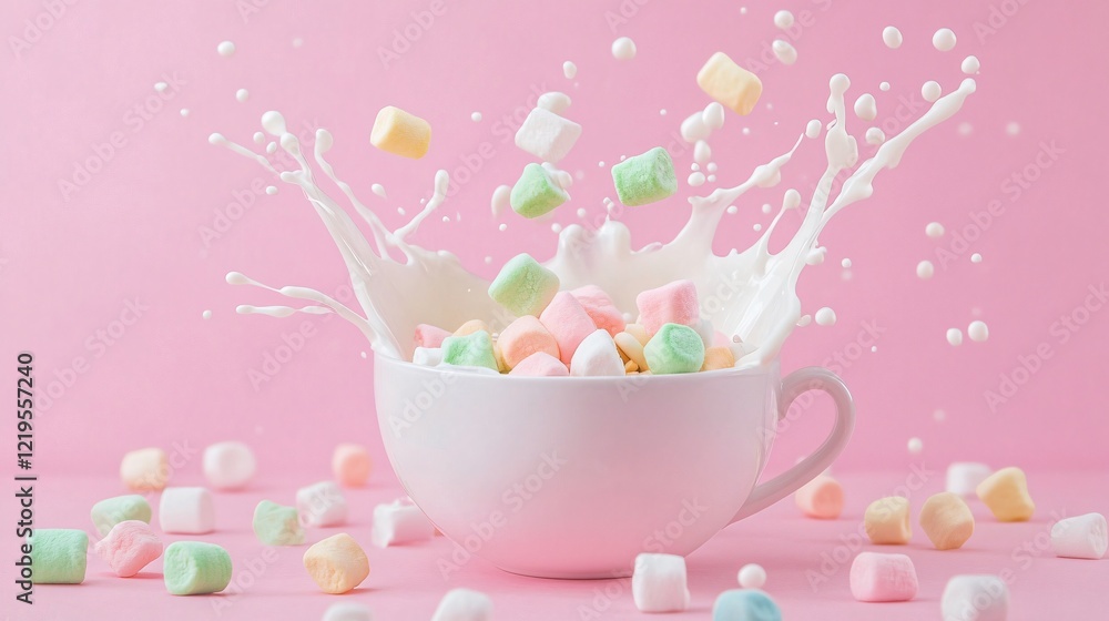 A whimsical scene with a cereal bowl, rainbow-colored marshmallows, and milk splashes, isolated on pink A whimsical scene with a cereal bowl, rainbow-colored marshmallows, and milk splashes, isolated on pink