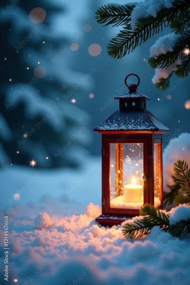 Lantern with glowing snowflakes and pine needles, serene, winter Lantern with glowing snowflakes and pine needles, serene, winter