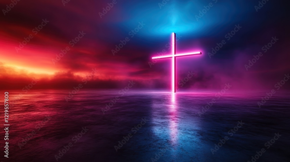 Naklejka premium A stunning neon cross stands tall in a vibrant landscape, illuminating the scene with a mix of colors that evoke feelings of hope and spirituality against a dramatic backdrop.