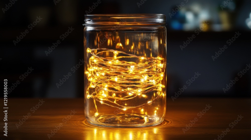 Glass jar filled with decorative string lights glowing in the dark creating a cozy atmosphere Glass jar filled with decorative string lights glowing in the dark creating a cozy atmosphere