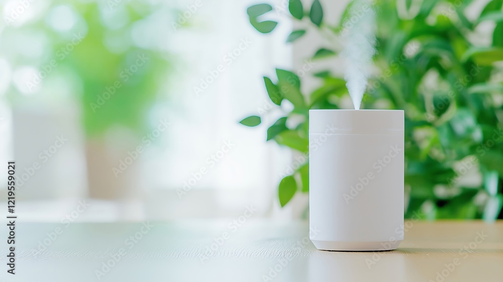 White aroma diffuser on table with blurred interior and palnts on background. Aromatherapy and wellness concept. Image for home and spa products with copy space. White aroma diffuser on table with blurred interior and palnts on background. Aromatherapy and wellness concept. Image for home and spa products with copy space.