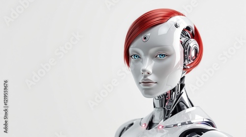 Futuristic robot with red hair - ai technology in humaniform design photo