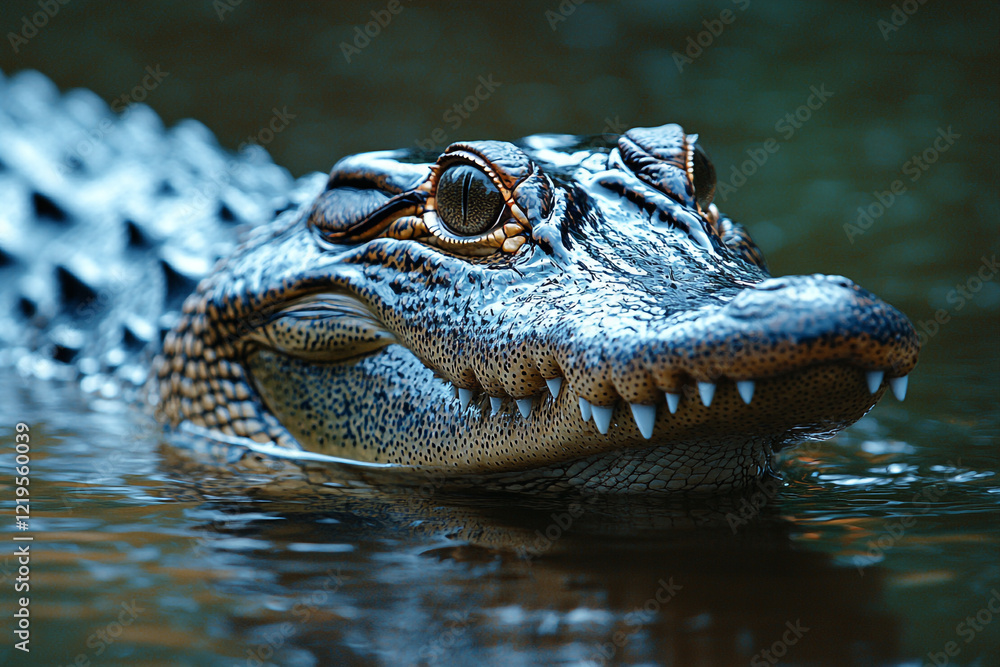 Fototapeta premium Alligator head emerges from dark water showing teeth and eyes